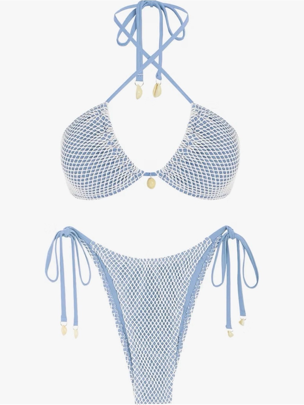 Zaful Light Blue Mesh Tie-Side Bikini with Gold Shell Accent